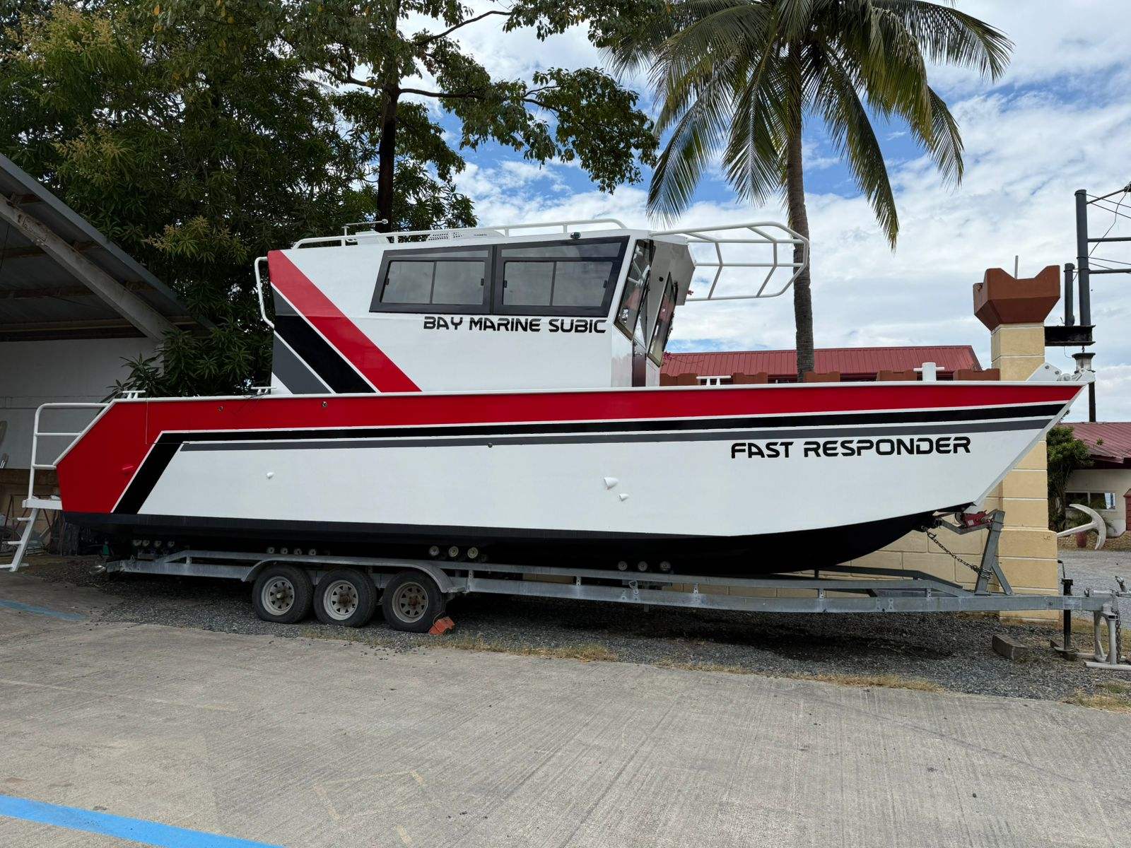 Front view showing the wide singular door and heavy-duty bow ramp